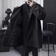Inset Hood Snap Button Woolen Coat Black - 2XL