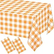 WNINK 2 Pack Orange and White Checkered Rectangular Plastic Tablecloths, Orange Gingham Waterproof Disposable Table Covers 54" x 108" for Birthday, Wedding, Outdoor Picnic Camping Parties