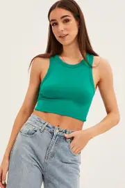 Green Tank Top Sleeveless Crew Neck Seamless - Size L, Women's Tank