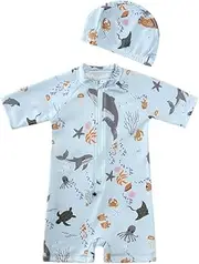 [DEFAHN] Toddler Boy Swimsuit One-Piece Zipper Rashguard Sunsuit Swimwear Half Zip Up Bathing Suit 9Months-5T, Ocean, 12-24 Months