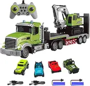 Fistone RC Semi Truck & Excavator Toy Set, 1:12 Remote Control Semi-Trailer With Sound and Lights, 2.4Ghz Flatbed With Excavator, Construction Vehicles for Boys 6-12 Years Old