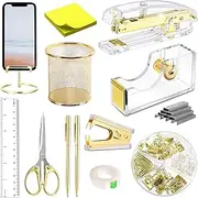 piqfpo Gold Desk Accessories, Acrylic Stapler, Staple Remover, Tape Holder, Pen Holder, Ballpoint Pen, Scissor, Binder Clips, Staples, Phone Holder, Ruler, Transparent Glue and Sticky Notes (00012)