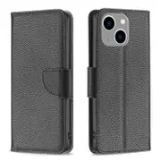 For iPhone 15 Plus Case, Lychee PU Leather Wallet Cover, Black