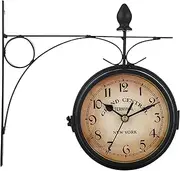 Hanging Double Sided Clock, Metal Iron Vintage Wall Clock, Retro Train Station Clock Classic Wrought Iron Two Faces Wall Hanging Clock for Patio, Cafe, Garden, Home Decor