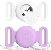Vonzuda Air Tag Holder Compatible with Apple AirTag, 2 Pack Pet Silicone Protective Cat Dog Collar Airtags Holder, GPS Tracker Collar Holder Case (Large, Violet+White)