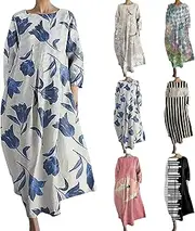 [Generic] plus Size Tunic Dress Fashion Senior Long Sleeve Printed V Neck Dress Ladies Midi Dress