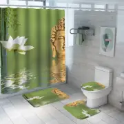 Zen Bamboo Lotus Buddhist Spa Shower Curtain Toilet Lid Cover Bath Mat Rug Set