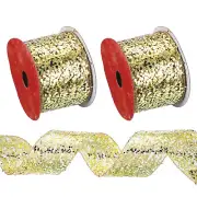 2 Pcs 10 Yard 2.5 Inch Glitter Mesh Wired Ribbon Webbed Sequin Gold