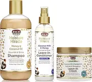African Pride Moisture Miracle Shampoo, Leave-in Conditioner and Leave-in Cream Set, Coconut Oil, Honey, Baobab Oil, Hydrate Coconout Oil and Milk