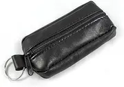 [AUXA] Black Soft Leather Key Case Holder Keychain Bag Zipped Wallet Coin Purse Small Mini Pouch with Key Ring Zipper for Men Women