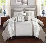 Chic Home Clayton 10 Piece Comforter Set Pintuck Pieced Block Embroidery Bed in a Bag with Sheet Set, King Beige