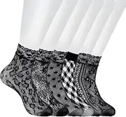 [GEEHUA] 6 Pairs White/Black Lace Socks, Elegent Mesh Fishnet Ankle Socks Sexy Hollow Mesh Lace Sock for Women Girls