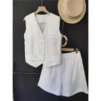 在飛比找ETMall東森購物網優惠-2023夏季時尚復古100%亞麻白色薄款馬甲 西裝短褲透氣休
