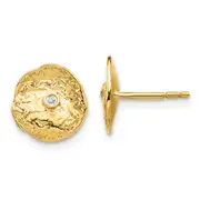 14k Yellow Gold Small Textured Circle Real Diamond Earrings