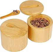 Salt Container with Lid,Salt Cellar Seasoning Box | 2 Piece Pepper Bowls with Magnetic Swivel Lids and Spoons Seasoning Storage Box for Table Sugar Home Kitchen Dining