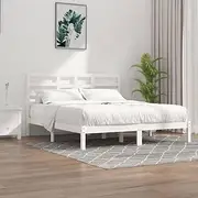 White Wood Bed Frame, King Size 183x203 cm - Solid Platform, Headboard, Slats, Wooden Frames, Mattress Base, Furniture, Bedframe, Cama, Bed