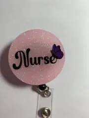 Retractable Badge Reel ID Holder - Nurse With Purple Butterfly