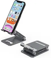 Minthouz Aluminum Cell Phone Stand Adjustable & Foldable Mobile Phone Holder with Anti-Slip Base and Convenient Charging Port, Compatible with 4.7''-7.9'' Phones for Desk, Home Office Travel-Gray