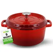 NutriChef Enameled Cast Iron Dutch Oven-5-Quart Kitchen Round Dutch Oven Stovetop Casserole Cookware, Porcelain Enamel Coated Cast-Iron Baking Pots w/Self Basting Lid-(Red),Medium