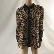 Anne Klein Zebra Stripe Top Button Front Blouse Size 6 Chiffon Brown Black New