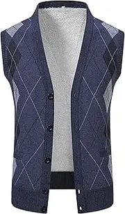 [JEShifangjiusu] Men's Diamond Patterned Sweater Vest V-Neck Sleeveless Knit Cardigan Single Breasted Ribbed Hem Top