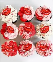 24 Pack Happy Valentines Day Cupcake Toppers Picks Love Be Mine Red Heart XoXo for Cake Decorations Valentine's Wedding Proposal Engagement Bridal Shower Party Supplies circle (lip)