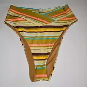 American Eagle Aerie High Cut Cheeky Bikini Bottom MEDIUM Brown Multi Stripe