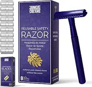 Jungle Culture® Safety Razor for Men and Women Including 10 Blades • Wet Razor for Women in Sapphire • Single Blade Metal Razor for Body & Face with eBook Shaving Guide • Safety Razor