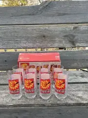 Set of 8 Coca Cola 16oz Sunshine Drinking Coke Glasses from 1995 New In Box
