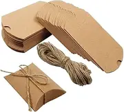 WODJR 100Pcs Pillow Boxes Kraft Pillow Boxes Small Gift Boxes Wedding Gift Boxes Brown Paper Pillow Candy Box Mini Party Favor Boxes Treat Boxes for Wedding Birthday Gifts Packaging, 100pcs Jute Twine