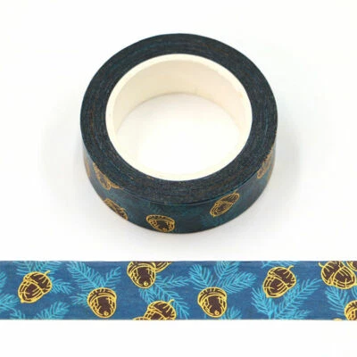 Christmas Washi Tape Blue Gold Foil Gilded Acorns Pine Leaves Leaf Branch
