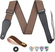 T Tersely Premium Guitar Strap,Soft Cotton & Leather Ends Shoulder Strap for Acoustic, Electric & Bass Guitars with Strap Button Headstock Adaptor,1 Locks and 4 Picks