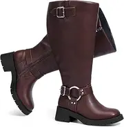 [Pasuot] Extra Wide Calf Boots for Women - Knee High Square Toe Wide Width Platform Plus Size Tall Boots with Side Zip, Elastic bands Buckle Chunky Heel Wide Leg Fashion Motorcycle Boot for Spring Fall
