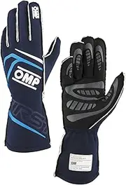 OMP Racing Driving Gloves, First, FIA Approved, Single Layer, Fire Retardant Fabric, Navy Blue/Cyan, Large, Pair