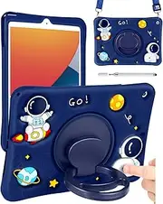 iXTRA iPad Case for iPad 9th/8th/7th Generation 10.2 inch 3D Cute Astronaut Case with Rotating Handle Kickstand Shoulder Strap Soft Silicone Cartoon iPad 10.2 Case Cover for Kids Girls Boys