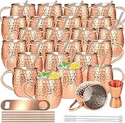 Moscow Mule Copper Mugs 19oz Moscow Mule Mugs Set of 24 Bulk Large Copper Hammered Plating Cups with Round Handle,1pcs 0.5oz Double Jigger, 24pcs Straws for Cold Chilled Drinks Cocktails Gift