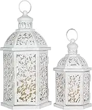 Lanterns Decorative Outdoor&Indoor, Set of 2 (15"&7") White Metal Lantern Decor, Candle Holder for Porch, Patio, Christmas, Balcony, Wedding, Table Centerpiece