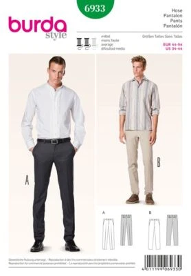 BURDA 6933 MEN'S TROUSERS Sewing Pattern Sizes 34 - 44 Skill: AVERAGE