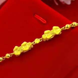 沙金雙貔貅圓珠手鏈女個性光面轉運珠越南鍍金24K999黃金招財首飾
