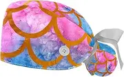 [WOSHJIUK] Working Hat 2 Pack Scrub Caps for Women,Mermaid Fish Scales Rainbow,Tie Back Cap Adjustable Scrub Hat