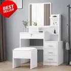 White Dressing Table Stool Chair Set Makeup Vanity Desk with Mirror & Shelves fo