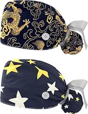 [WOSHJIUK] Working Hat 2 Pack Scrub Caps for Women,Golden Texture Retro Dragon,Tie Back Cap Adjustable Scrub Hat