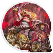 Taurus Bull Woman Warrior Dragon and Tigers Round Beach Towel