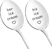 2PCS His and Hers Ice Cream Spoons, Boyfriend Girlfriend Birthday Valentines Gifts for Husband Wife Engraved Spoon for Couples Anniversary Christmas Presents for Him Her