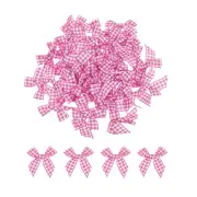 60Pcs Mini Gingham Ribbon Bow 1.5" Checkered Fabric Satin Dark Pink and White