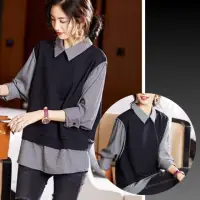 在飛比找momo購物網優惠-【AKARA】韓風寬版顯瘦高拼接假兩件背心襯衫**5XL