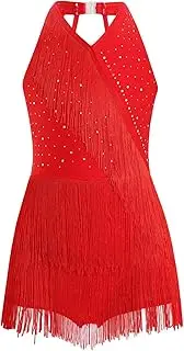 [Linjinx] Kids Girls Sleeveless Latin Jazz Dance Dress Sparkly Rhinestone Tassel Fringed Leotard Dress Ballroom Dance Costume