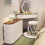 Corner Vanity with Mirror and Lights，Makeup Table Set with Chair Glass Top Vanity Table with Drawers Telescopic Dresser Vanity Desk for Women(White,60CM_C)