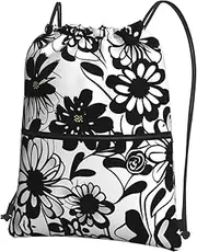 EdWal Black And White Flowers Print Drawstring Backpack Gym Bags Sports Bags With Zipper Pocket For Travel Beach, Black, One Size