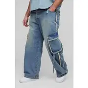 Mens Stonewash Plus Fray Seam Slanted Cargo Pocket Relaxed Fit Jeans